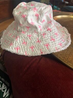 White Bucket Hat with Pink Palm Print